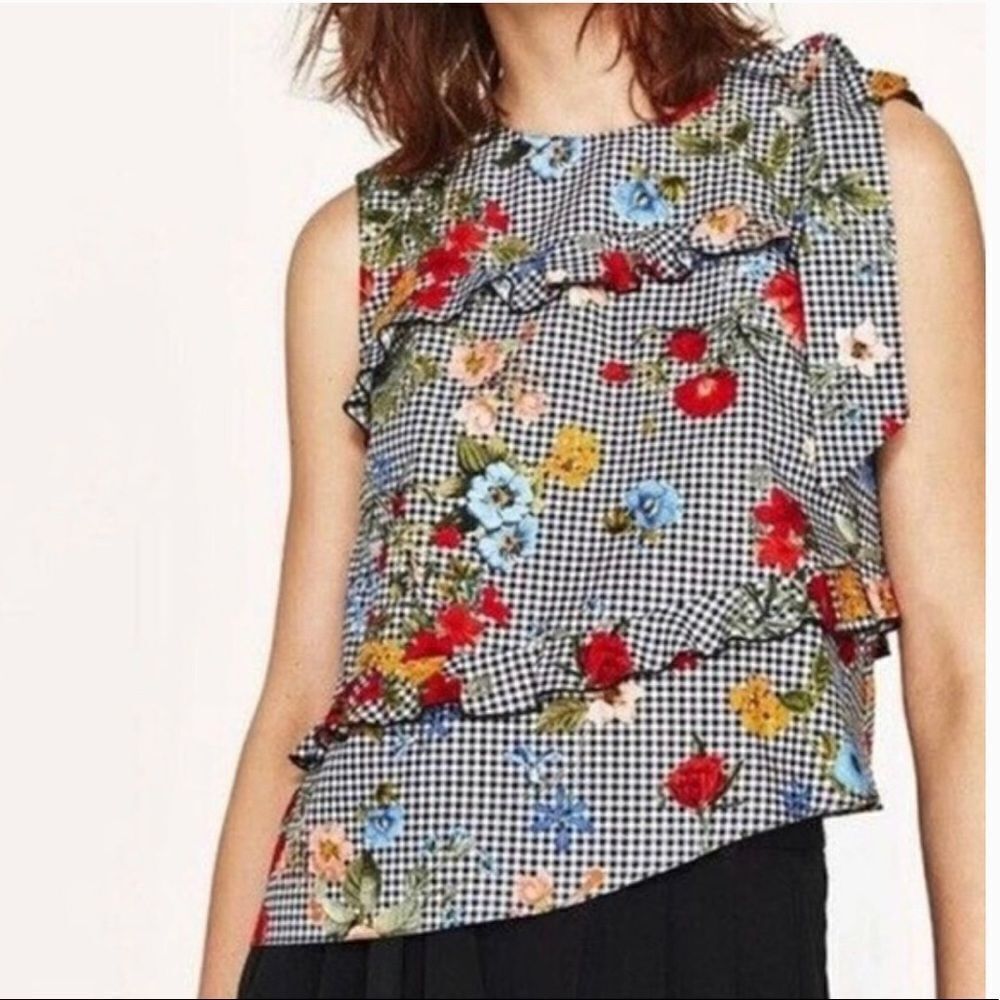 Zara‎ Black & White Gingham Flora Asymmetrical Ruffle Hem Top